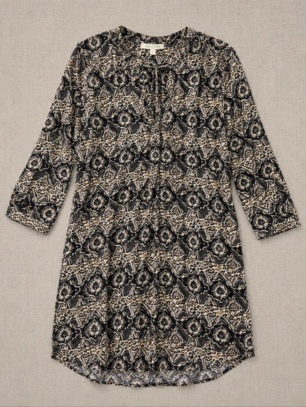 Tea n Rose Boho Shift Dress Black Cream Medallion Print Rayon Woman's Small